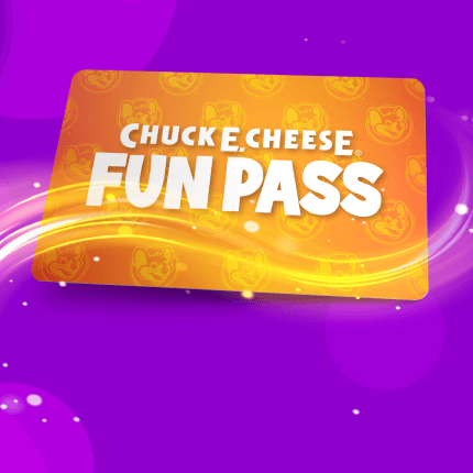 Orange Chuck E. Cheese Fun Pass card with mouse logo on purple background; used for arcade games, pizza, and kids birthday parties.