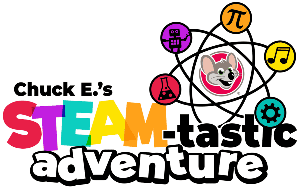 Chuck E. Cheese STEAM-tastic Adventure logo with science, art, math, and engineering icons