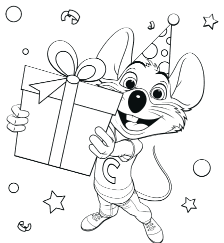 Outline of Chuck E. holding up birthday gift.