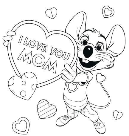 Outline of Chuck E. holding up a heart that says I love you Mom.