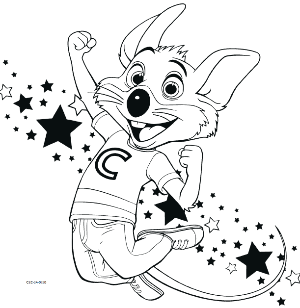 Character Chuck E. jumping with stars in the background.