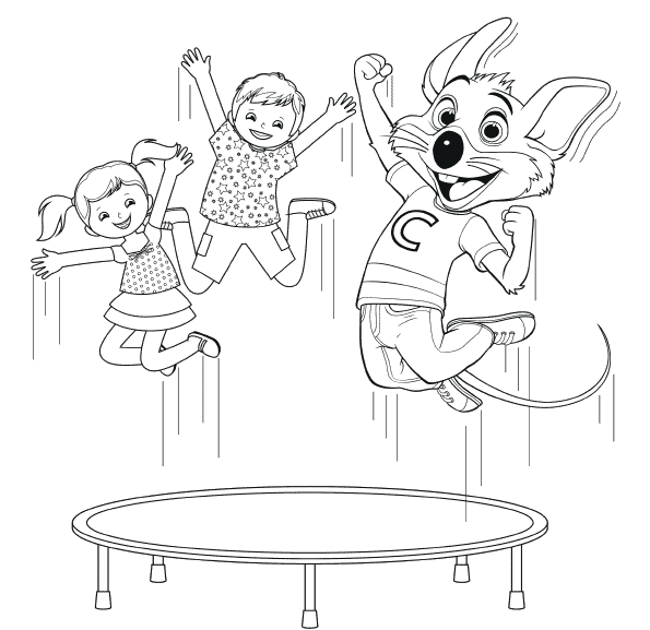 Outline of Chuck E. and kids jumping.