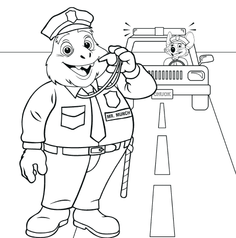 Outline of Munch on road and Chuck E. in car.
