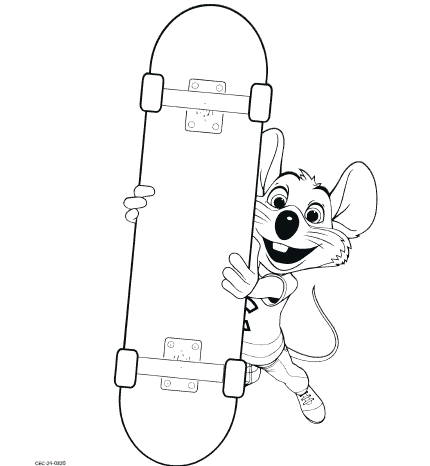Outline of Chuck E. holding up skateboard.