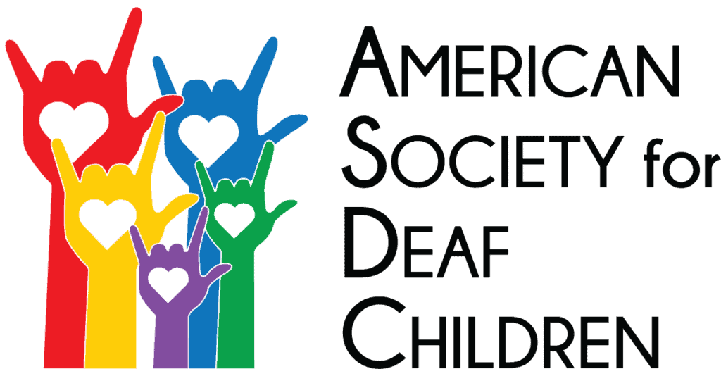 Four colorful hands sign “I love you” in ASL with heart cutouts; “American Society for Deaf Children” text. Kids entertainment at Chuck E. Cheese.