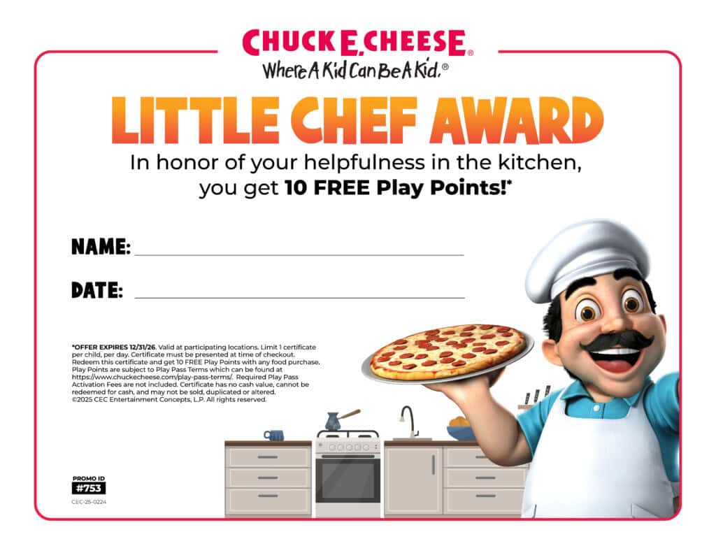 Chuck E. Cheese Little Chef Award certificate
