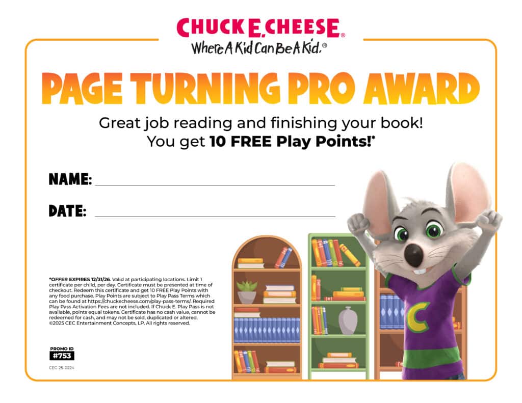 Chuck E. Cheese reading award certificate