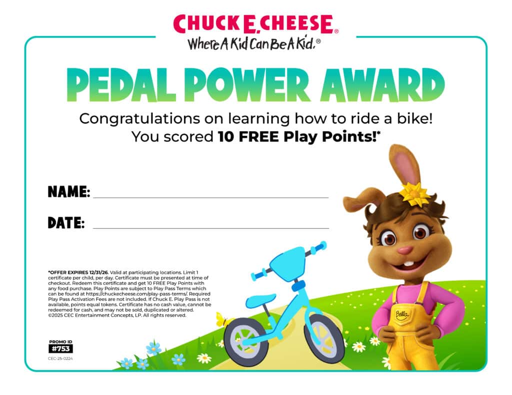 Chuck E. Cheese Pedal Power Award certificate for kids learning to ride a bike, with Bella, blue bike, flowers, name and date spaces.