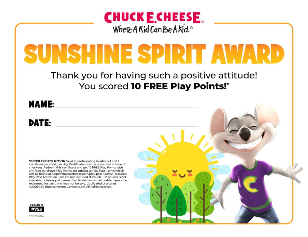 Award for positive attitude at Chuck E. Cheese