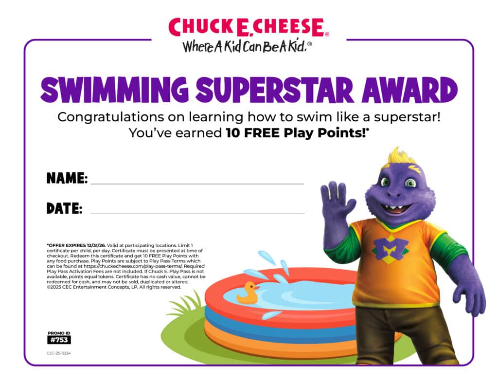 Swimming award from Chuck E. Cheese