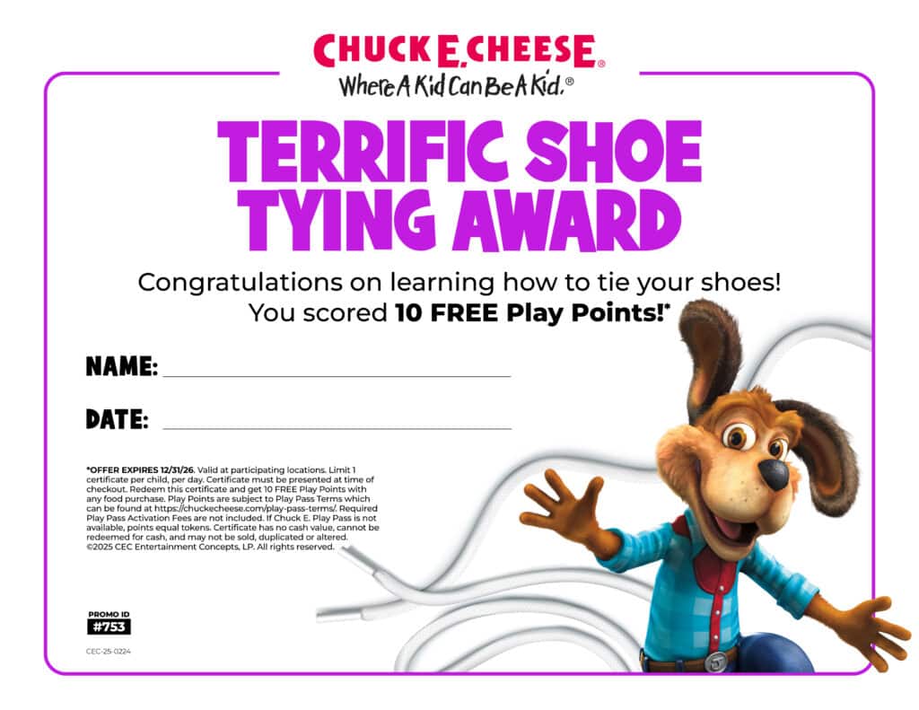 Shoe tying award certificate for kids