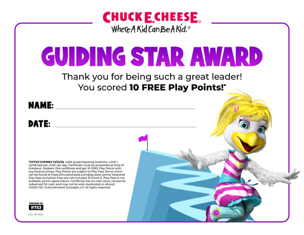 Chuck E. Cheese award certificate template