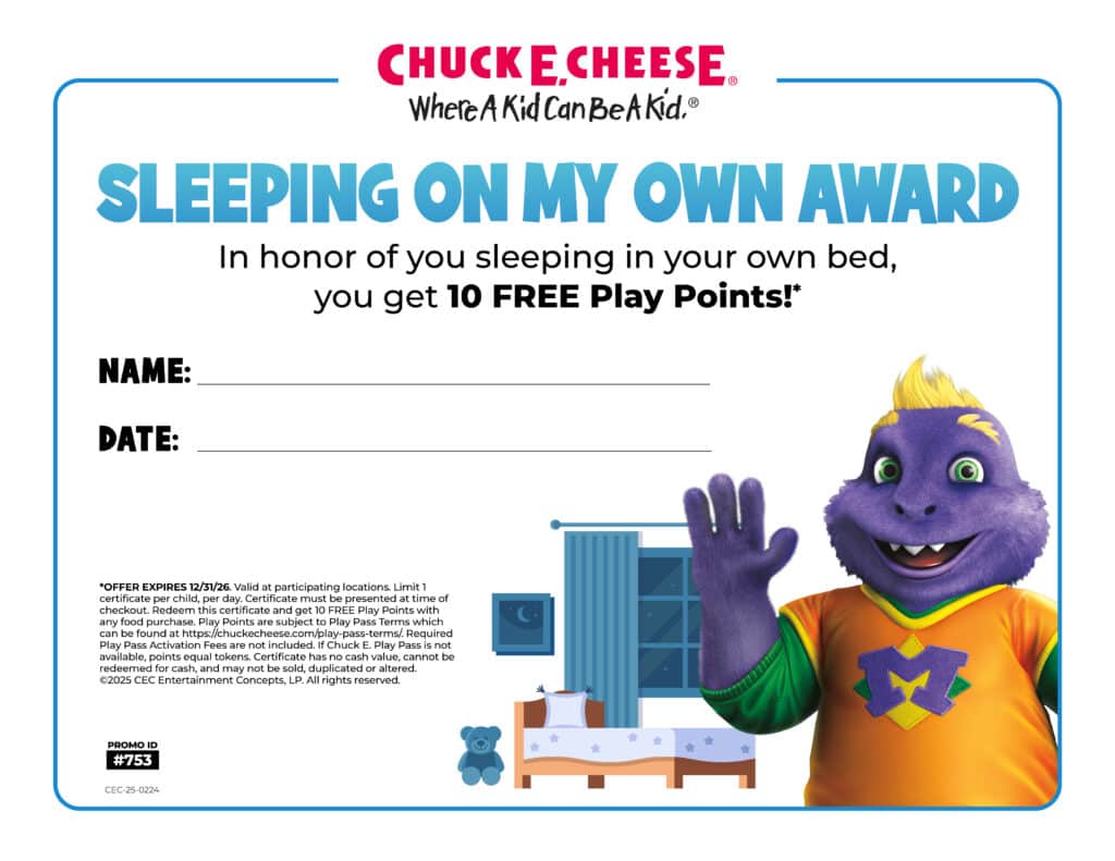 Award certificate for sleeping independently