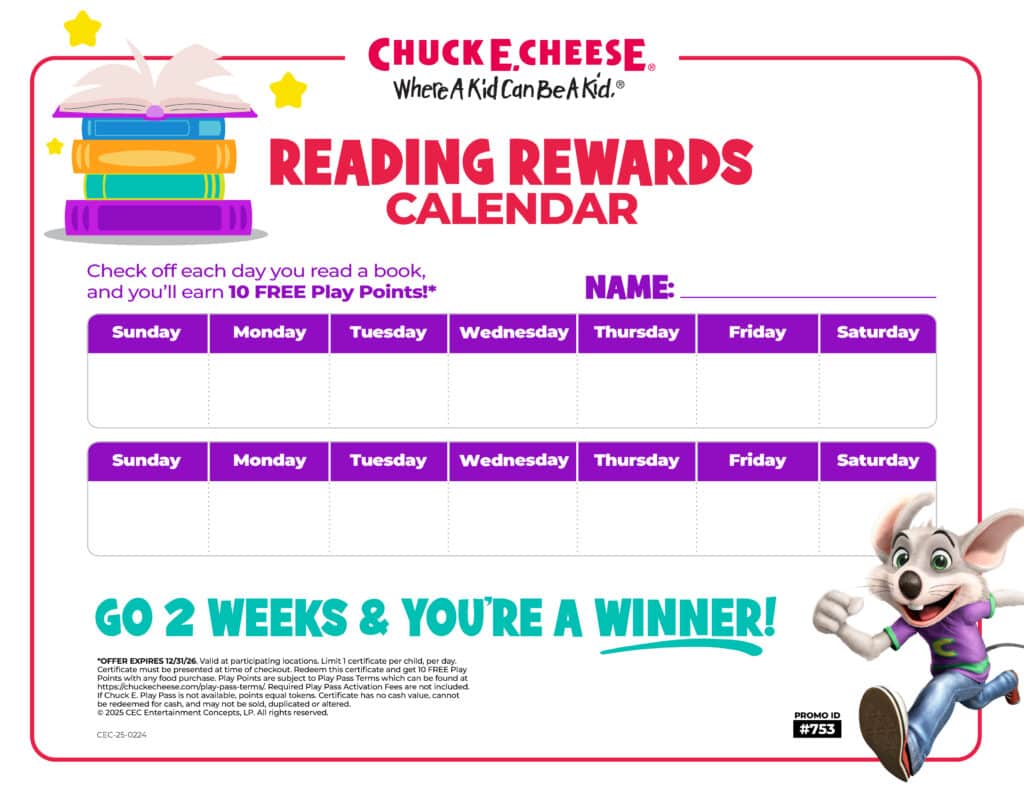 Reading rewards calendar for kids