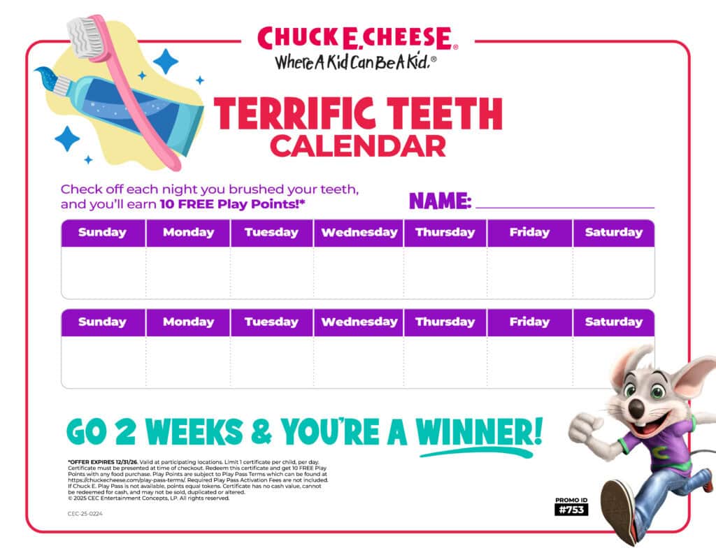 Teeth brushing reward calendar for kids