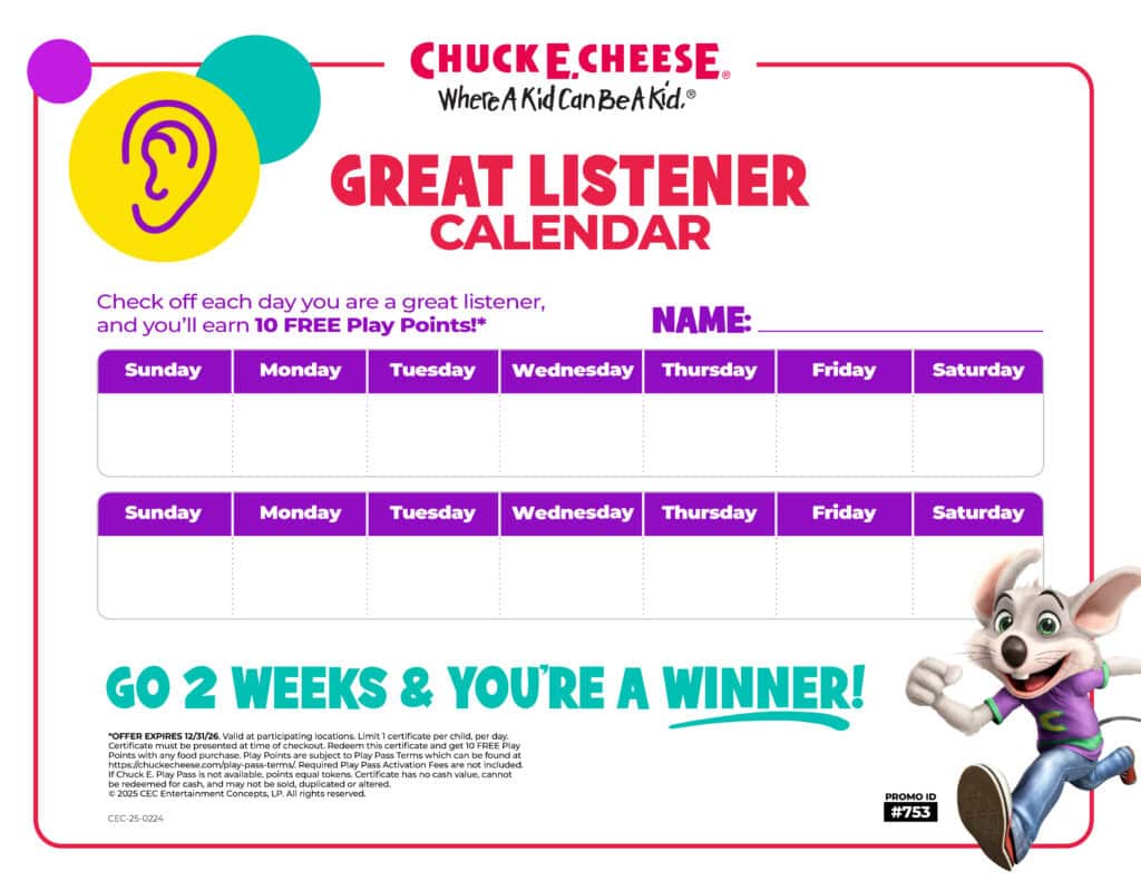 Calendar for kids' listening rewards