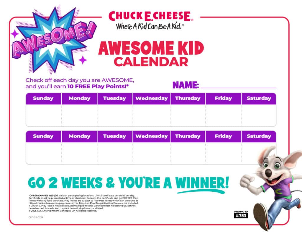 Calendar for kids' activities and rewards