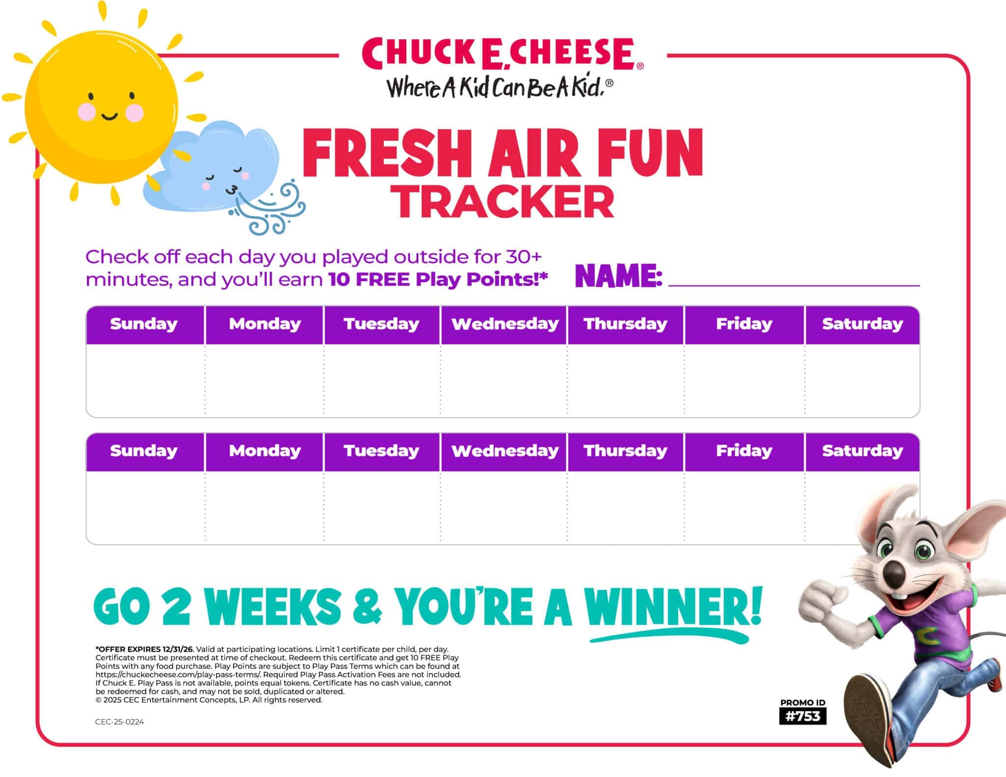 Free Fresh Air & Outdoor Activity Tracker For Kids | Chuck E. Cheese