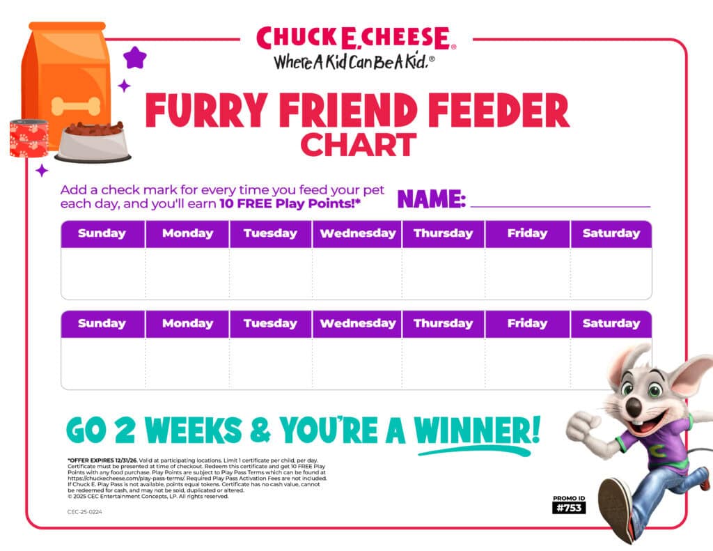 Furry Friend Feeder chart with days to track pet care, Chuck E. Cheese mascot, Fun Pass note for arcade games, paw print, food bowl.