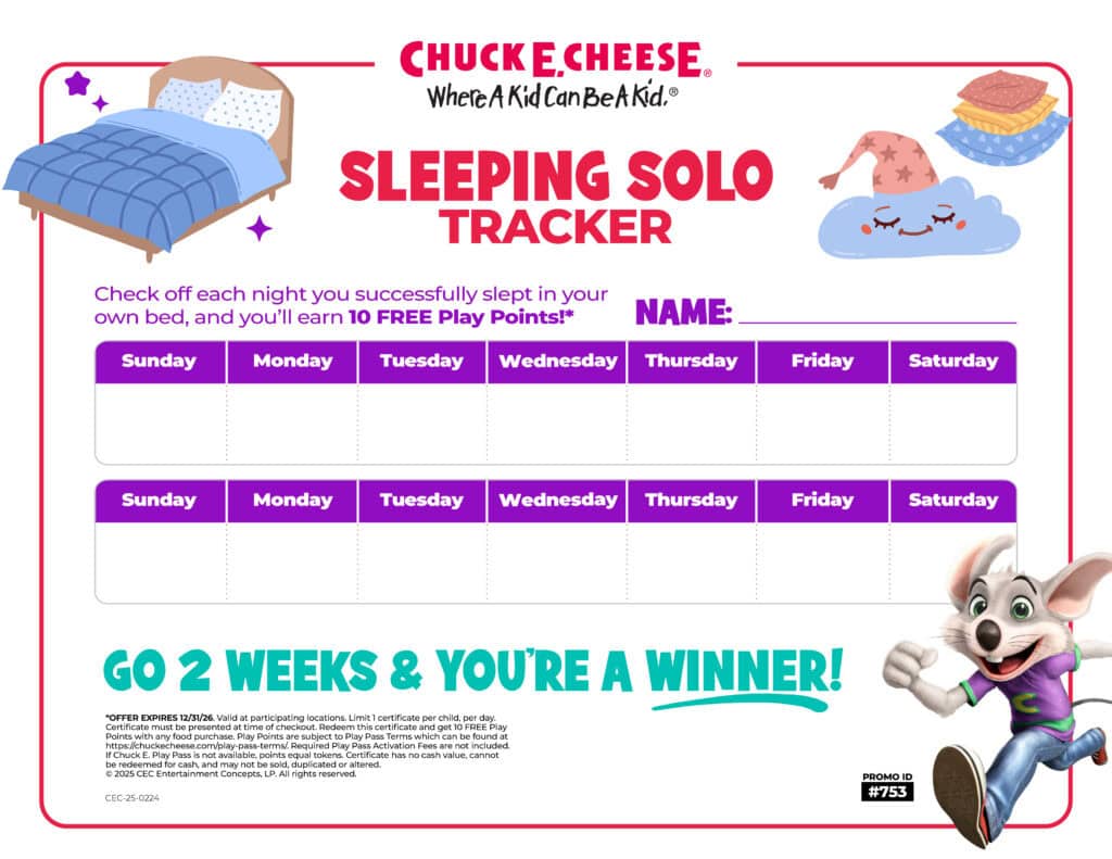 Chuck E. Cheese Sleeping Solo Tracker chart with two-week rows