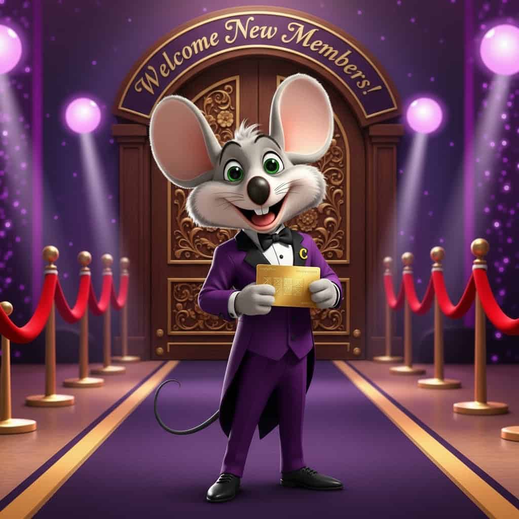 Chuck E. Cheese mascot with Membership benefits and Fun Pass tickets