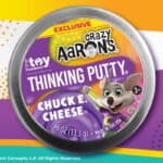 Crazy Aaron’s Thinking Putty tin with Chuck E. Cheese on lid, .46 oz, Ages 3+, ideal for birthday party at family fun center.