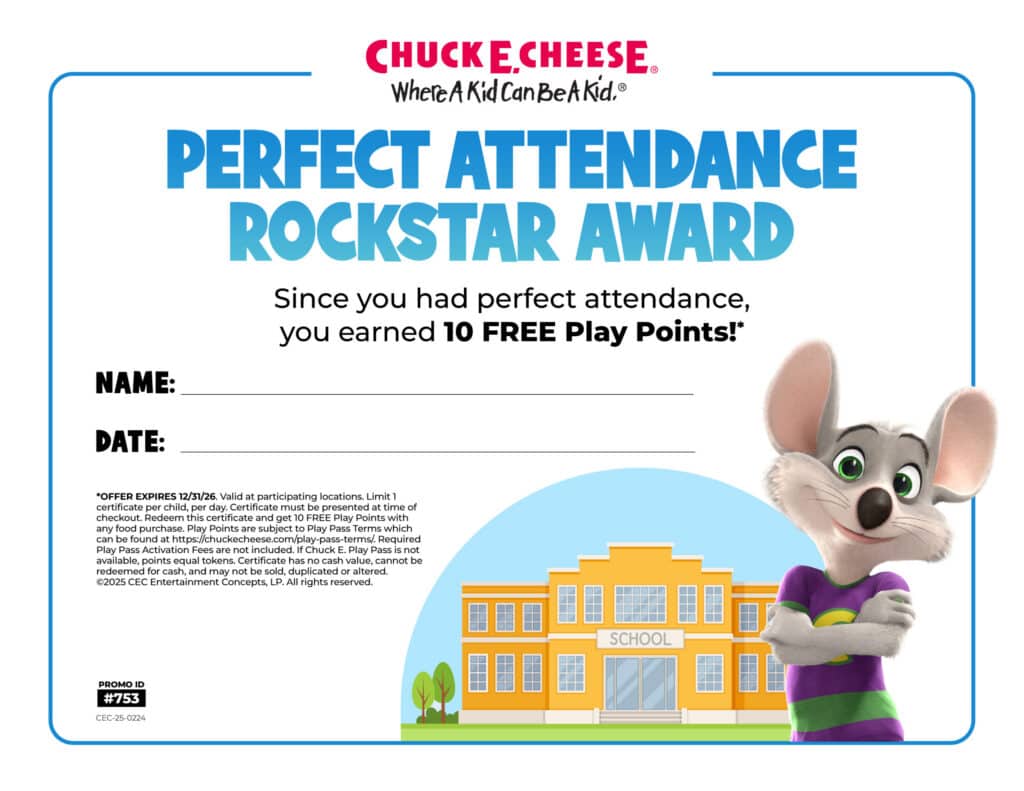 Chuck E. Cheese attendance award certificate.