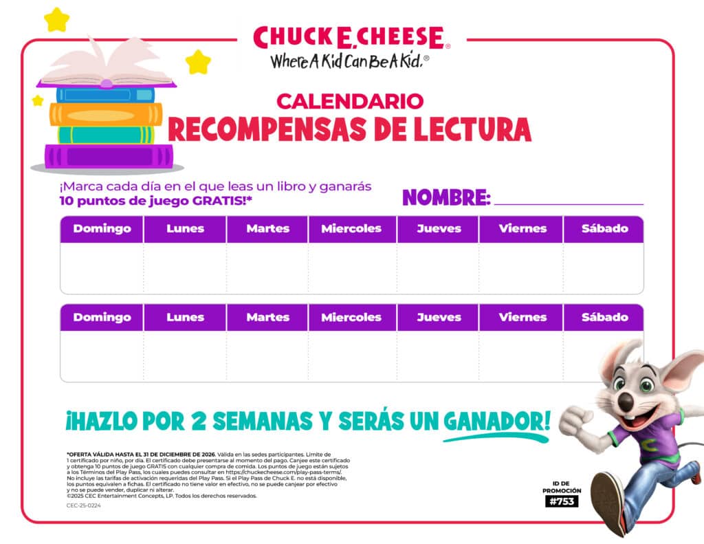 Reading rewards calendar for kids in Spanish