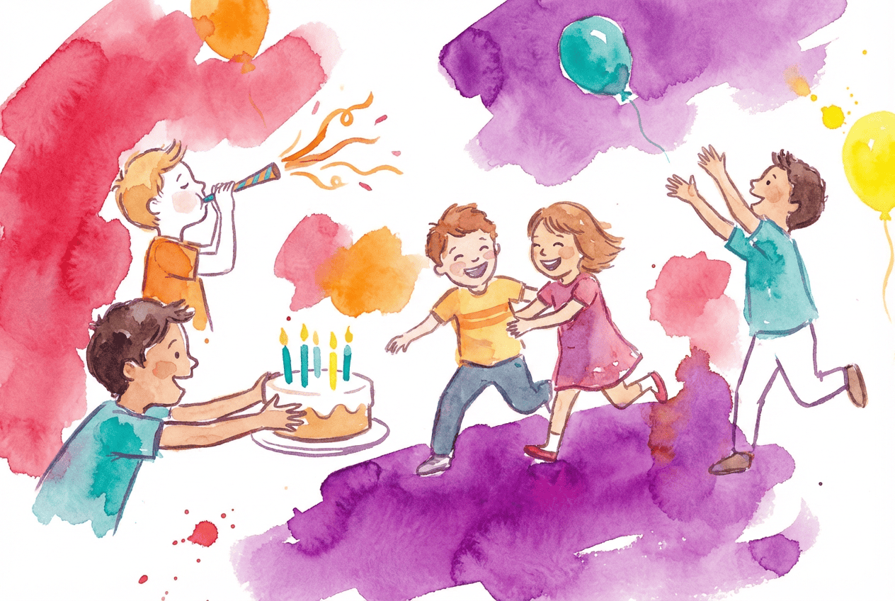 Kids celebrating a birthday party at Chuck E. Cheese, eating cake, playing arcade games and laughing in a colorful fun center.