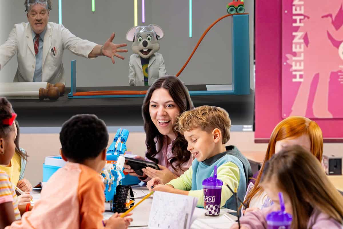 Elementary school students on a STEAM field trip at Chuck E. Cheese, engaged in a STEM.org-accredited lesson