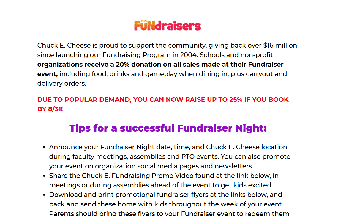 Chuck E. Cheese FUNdraiser flyer showing 20% donation back for schools and nonprofits