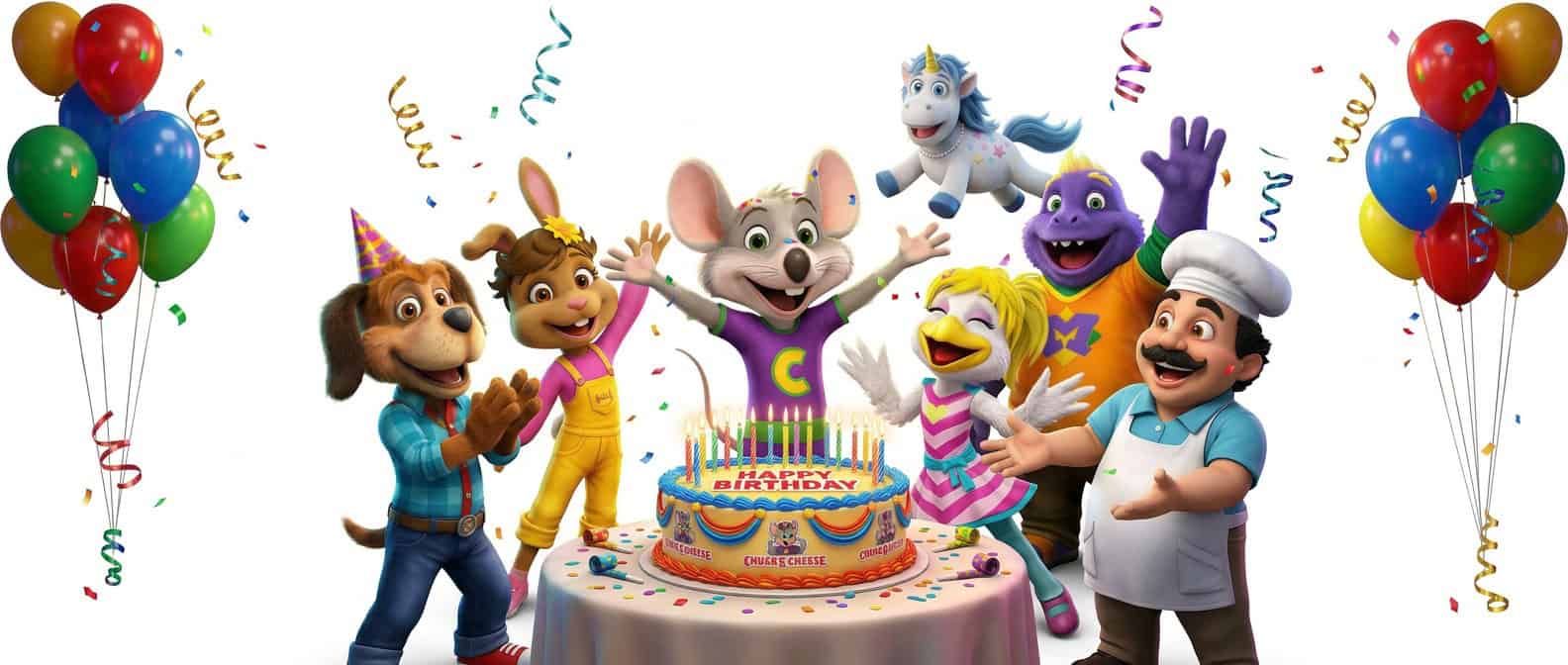 Chuck E. Cheese characters celebrating with a child at a birthday party with cake.