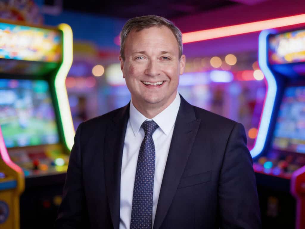 Smiling man in a suit in front of a colorful arcade, representing CEC Entertainment leadership.