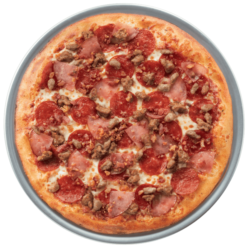 Five-meat pizza on a silver tray at Chuck E. Cheese