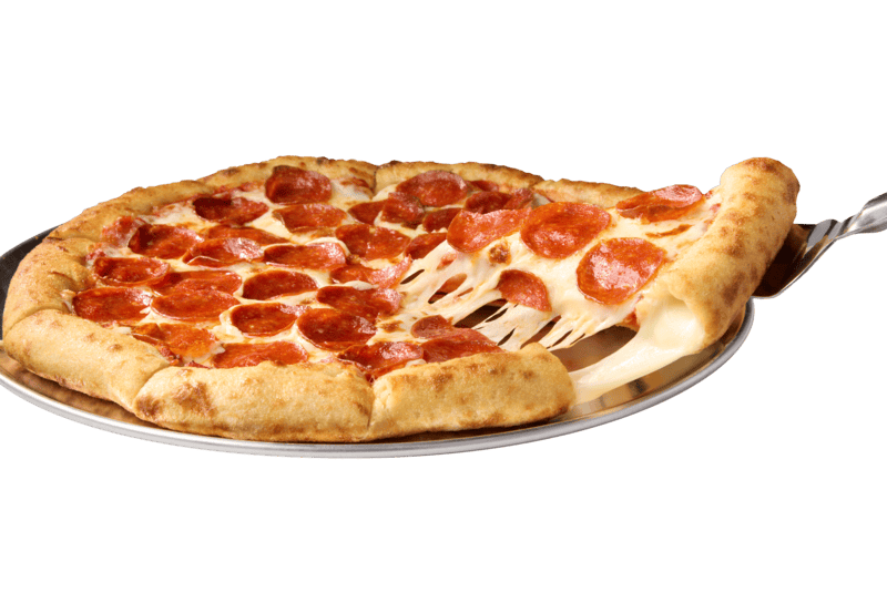 Pepperoni pizza with melted cheese stretch at Chuck E. Cheese family fun center, arcade games and pizza for all ages.