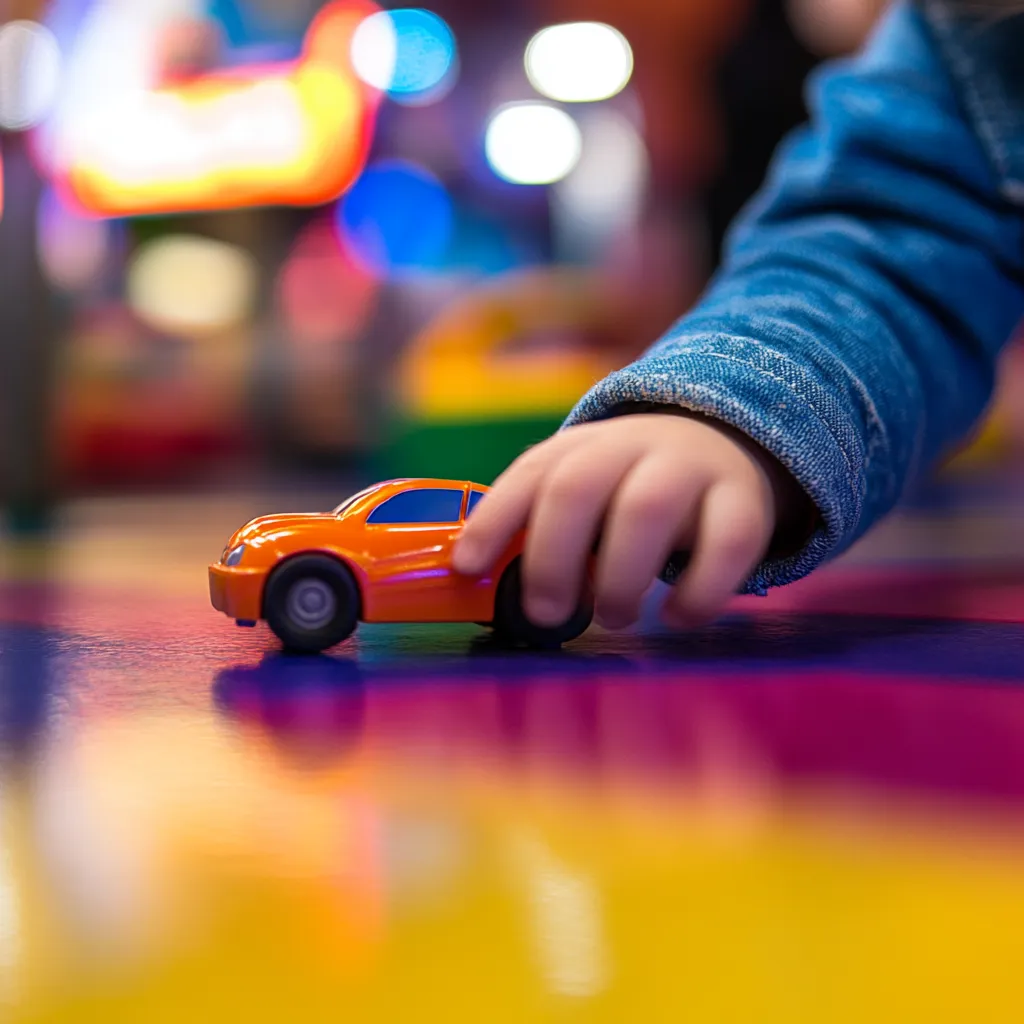 child 
pushing a toy car